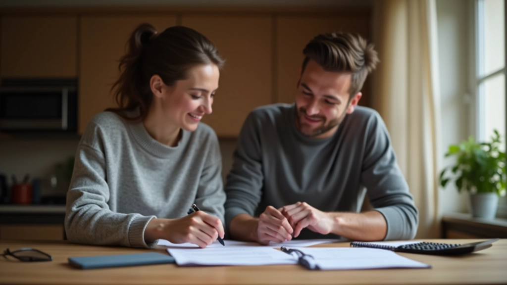 Couple assis à une table avec des documents financiers et une calculatrice entre eux