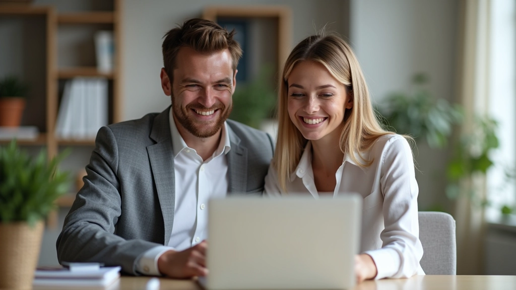 Couple se tenant la main autour d'une table avec un ordinateur portable, ayant une discussion positive