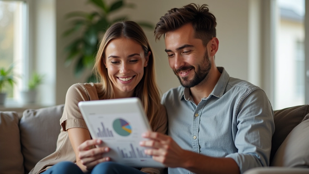 Deux personnes riant ensemble en examinant des graphiques de budget sur une tablette