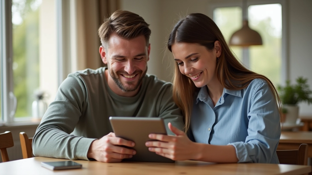Couple regardant ensemble un relevé bancaire numérique sur une tablette, assis à une table