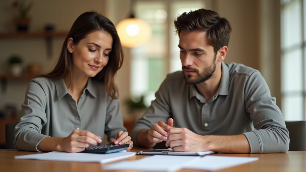 Deux personnes discutent des finances sur un tableau avec des calculs