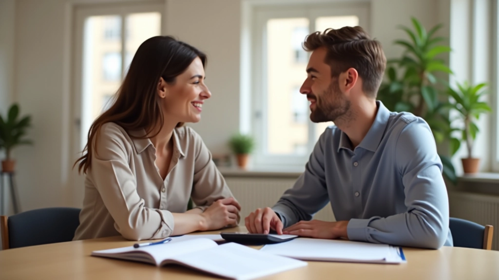 Couple discutant de finances à la table avec documents et calculatrice
