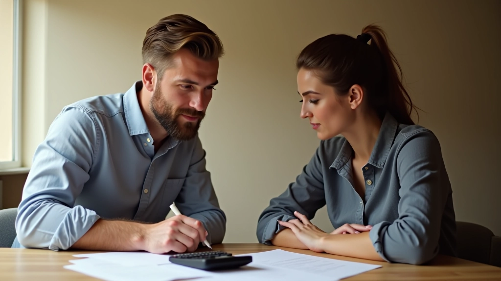 Couple examinant ensemble des documents budgétaires et des chiffres sur une table, avec un sourire, travaillant collaborativement
