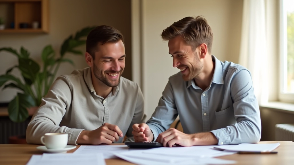 Couple discutant autour d'une table avec documents financiers, sourires détendus, éclairage naturel chaud