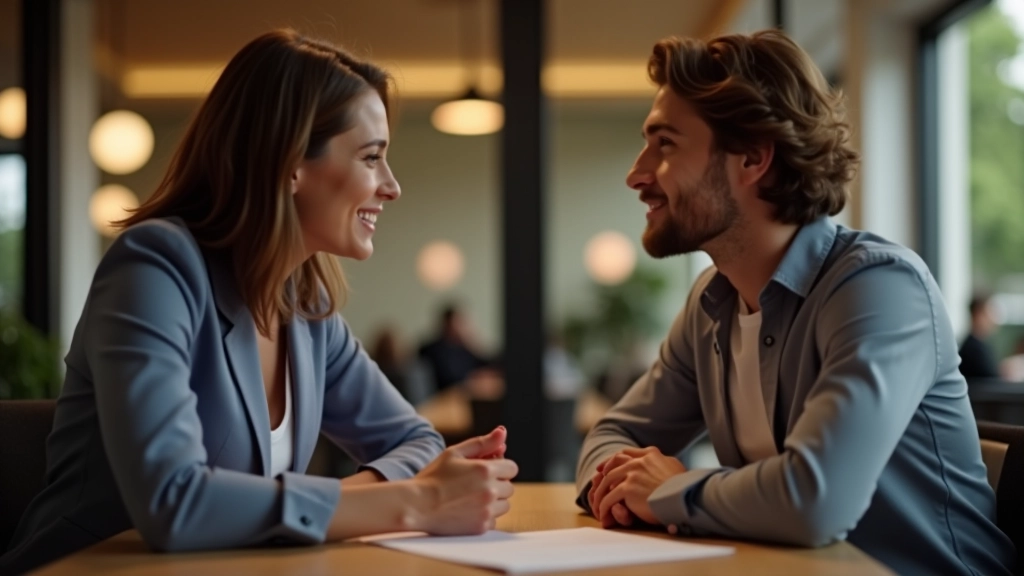 Deux personnes ayant une conversation constructive, assises face à face, l'une parlant et l'autre écoutant attentivement
